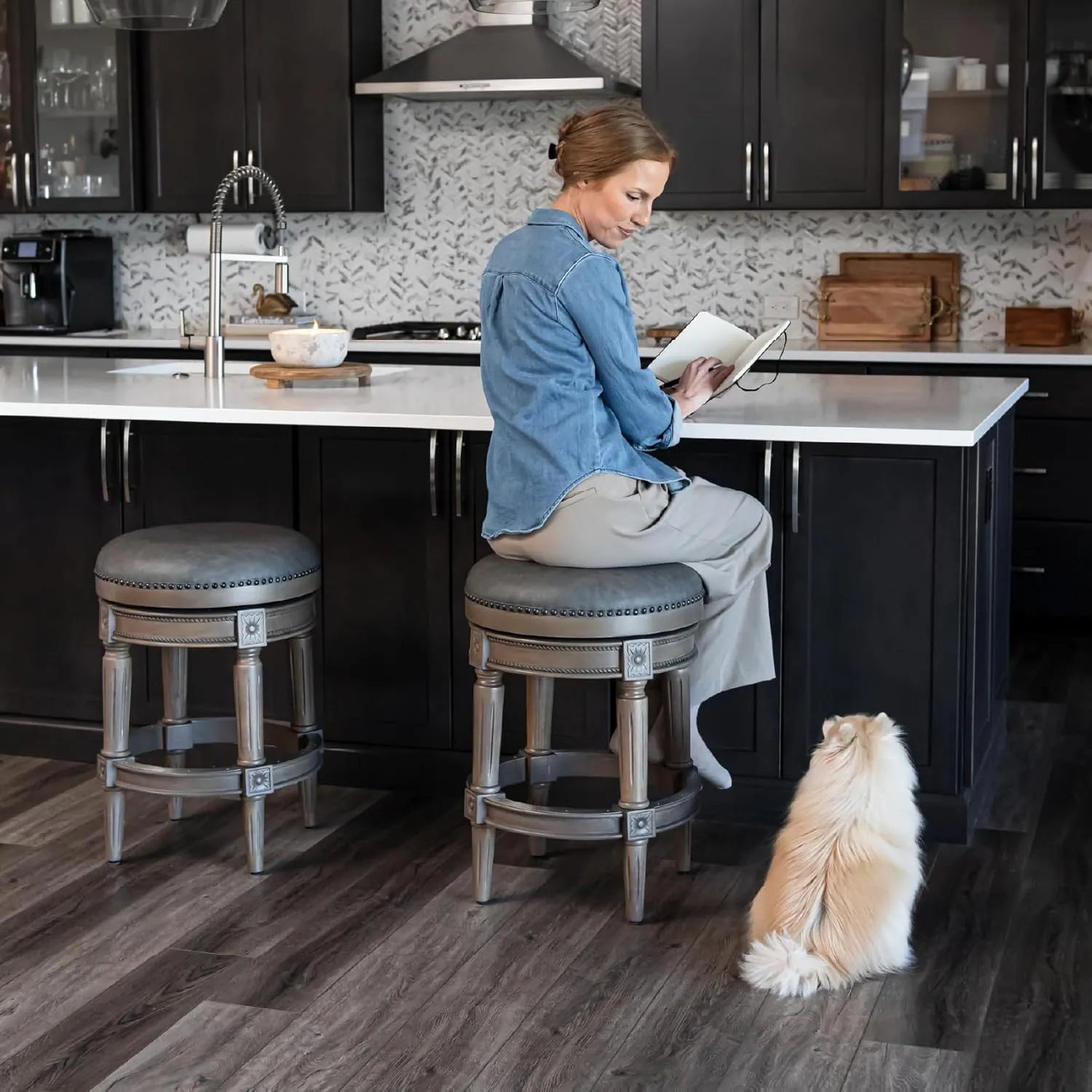 Maven Lane 26" Pullman Backless Counter Height Stool - Handcrafted Swivel Counter Stool with Reclaimed Oak Finish and Ronan Stone Vegan Leather - Ideal for Kitchens, Breakfast Bars, and Dining Areas