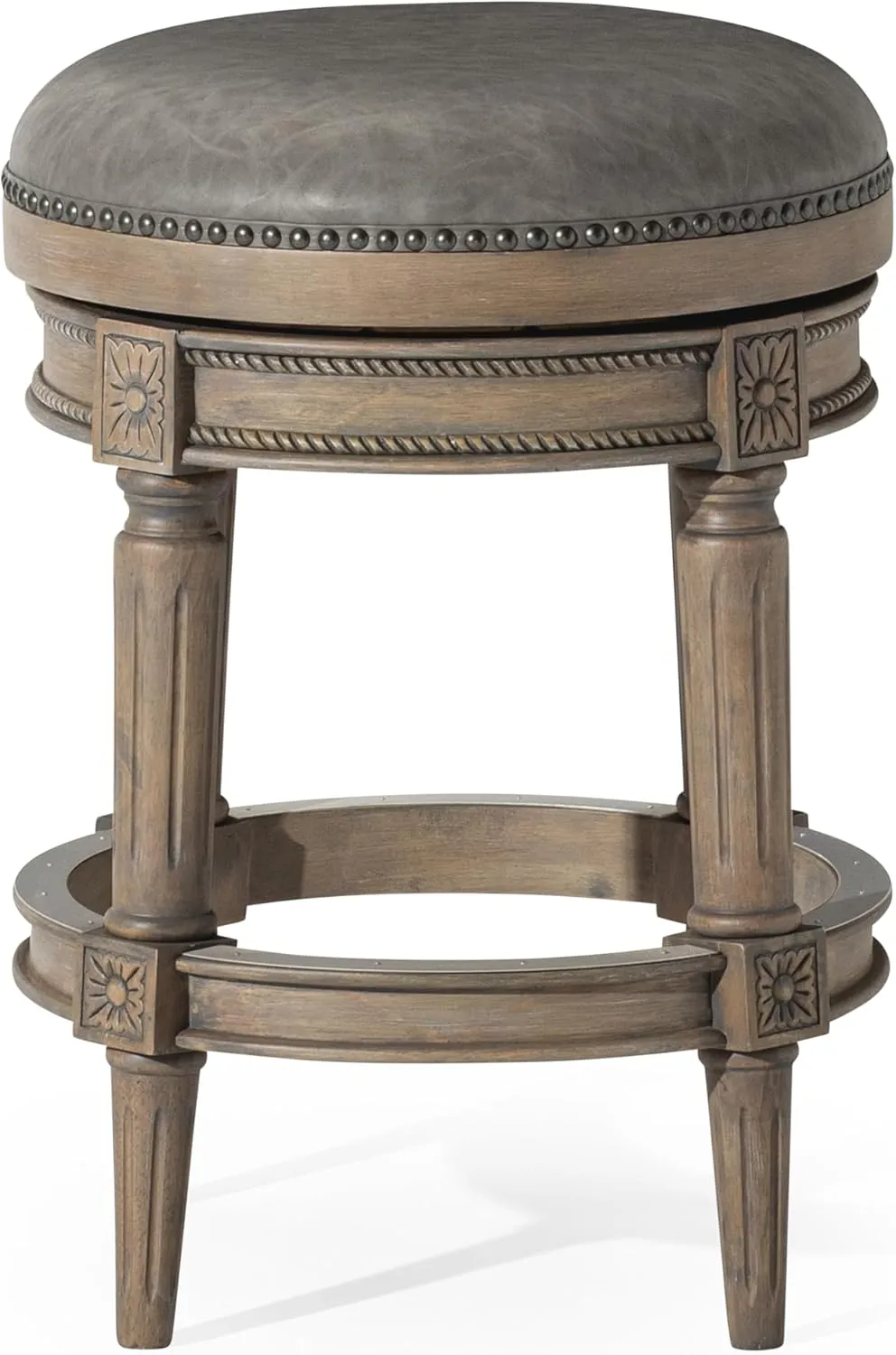 Maven Lane 26" Pullman Backless Counter Height Stool - Handcrafted Swivel Counter Stool with Reclaimed Oak Finish and Ronan Stone Vegan Leather - Ideal for Kitchens, Breakfast Bars, and Dining Areas