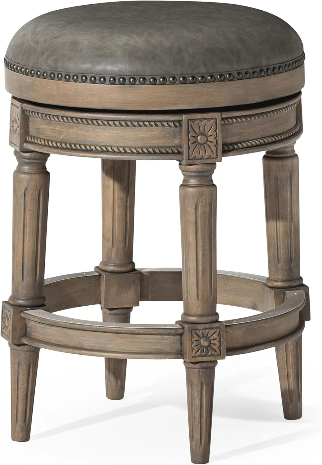 Maven Lane 26" Pullman Backless Counter Height Stool - Handcrafted Swivel Counter Stool with Reclaimed Oak Finish and Ronan Stone Vegan Leather - Ideal for Kitchens, Breakfast Bars, and Dining Areas