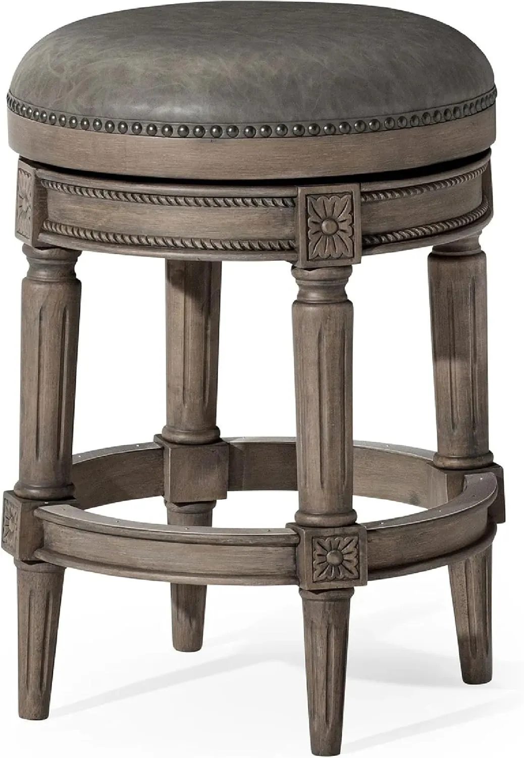 Maven Lane 26" Pullman Backless Counter Height Stool - Handcrafted Swivel Counter Stool with Reclaimed Oak Finish and Ronan Stone Vegan Leather - Ideal for Kitchens, Breakfast Bars, and Dining Areas