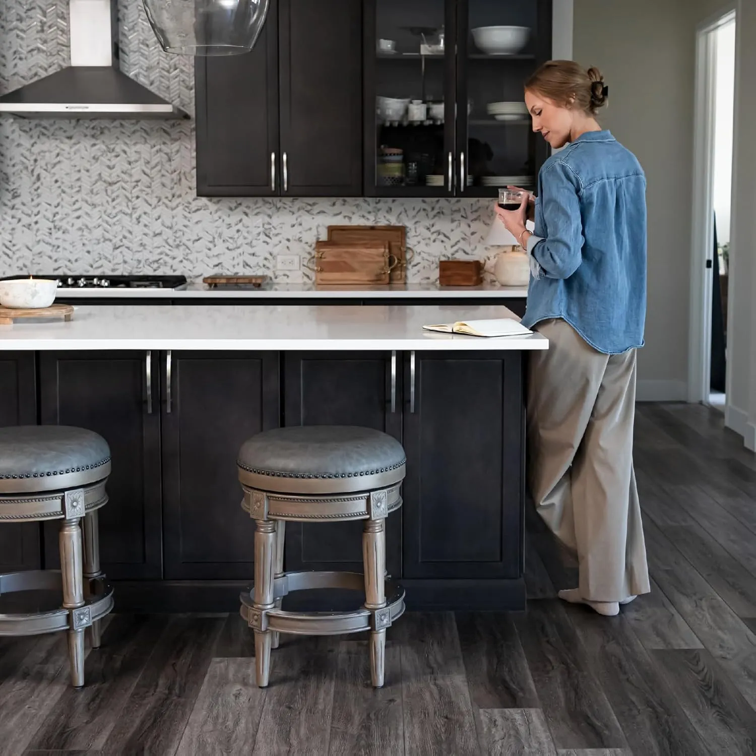 Maven Lane 26" Pullman Backless Counter Height Stool - Handcrafted Swivel Counter Stool with Reclaimed Oak Finish and Ronan Stone Vegan Leather - Ideal for Kitchens, Breakfast Bars, and Dining Areas