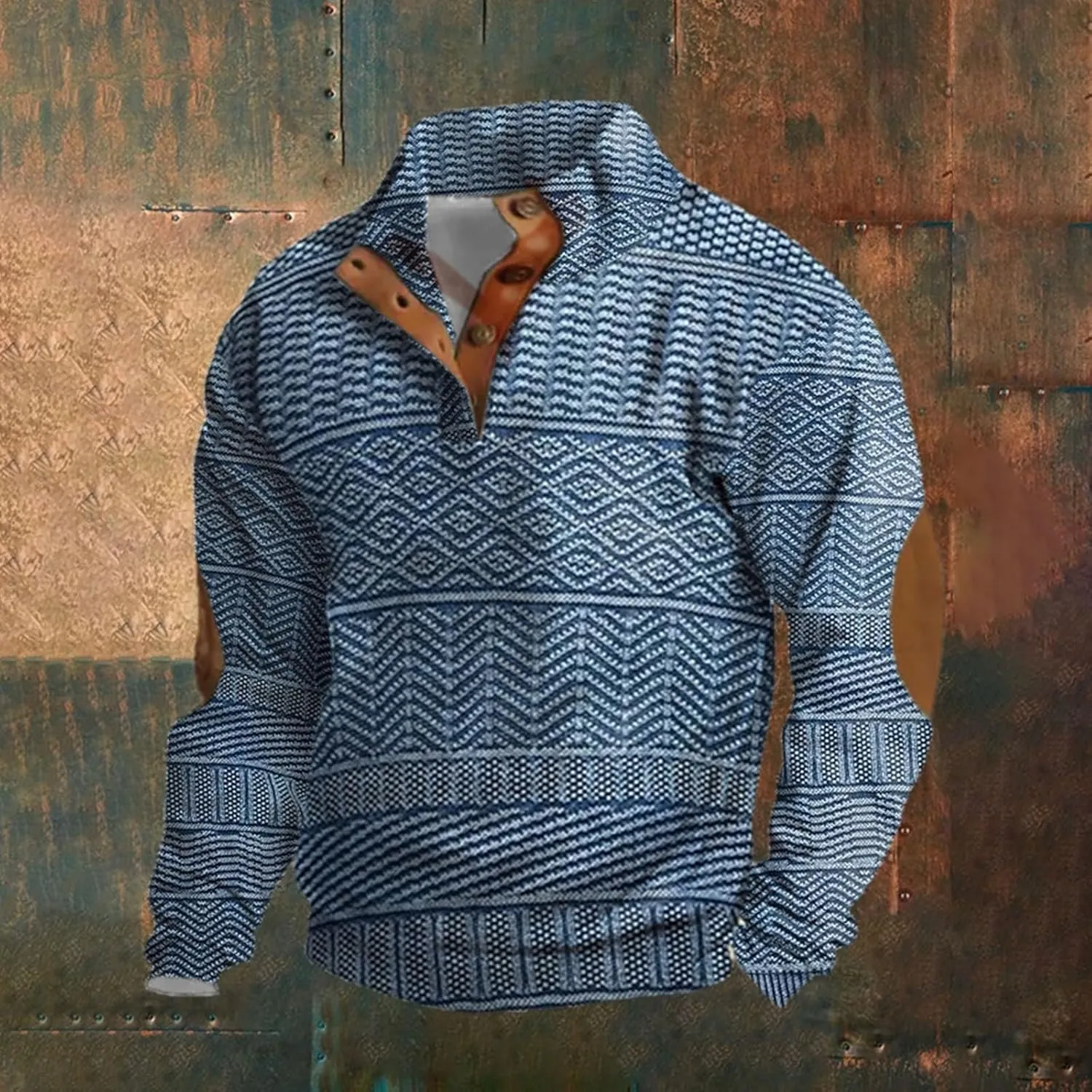 Men Plus Size Long Sleeve Sweatshirt Vintage Button Pullover Casual Shirt with Elbow Patches Soft Blouse Fall Shirt