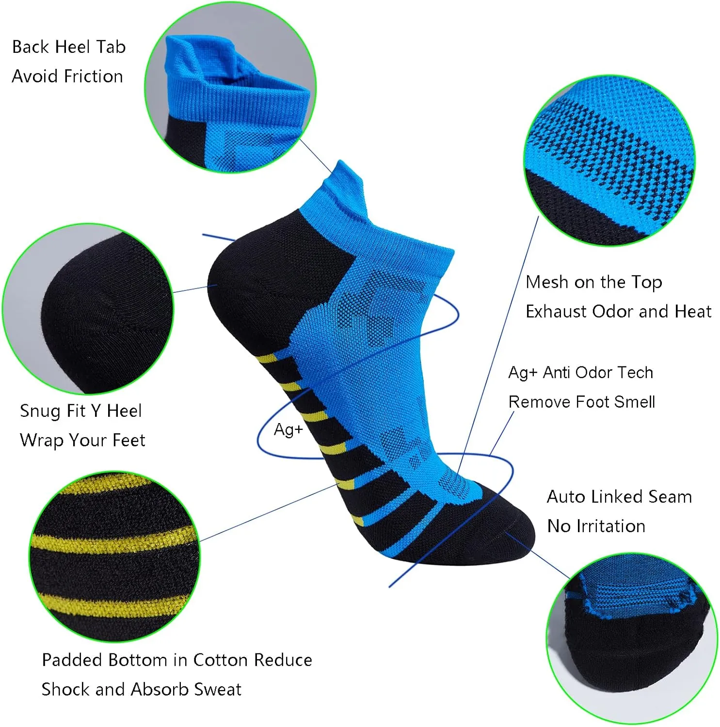 Mens and Womens Anti Odor Quick Dry Sweat Resistant Padded Low Cut/Quarter Compression Running Sneaker Socks