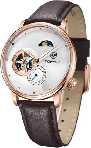 Mens Automatic Watch, Minimalist Black Leather Watch,Sapphire Crystal,Day& Night Display, Skeleton Mechanical, Elegant Relojes para Hombres