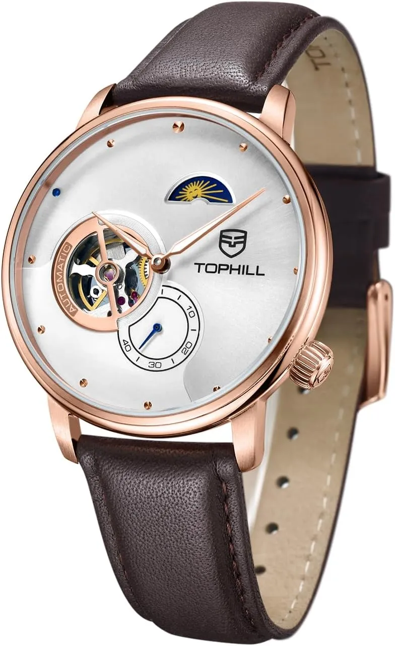 Mens Automatic Watch, Minimalist Black Leather Watch,Sapphire Crystal,Day& Night Display, Skeleton Mechanical, Elegant Relojes para Hombres