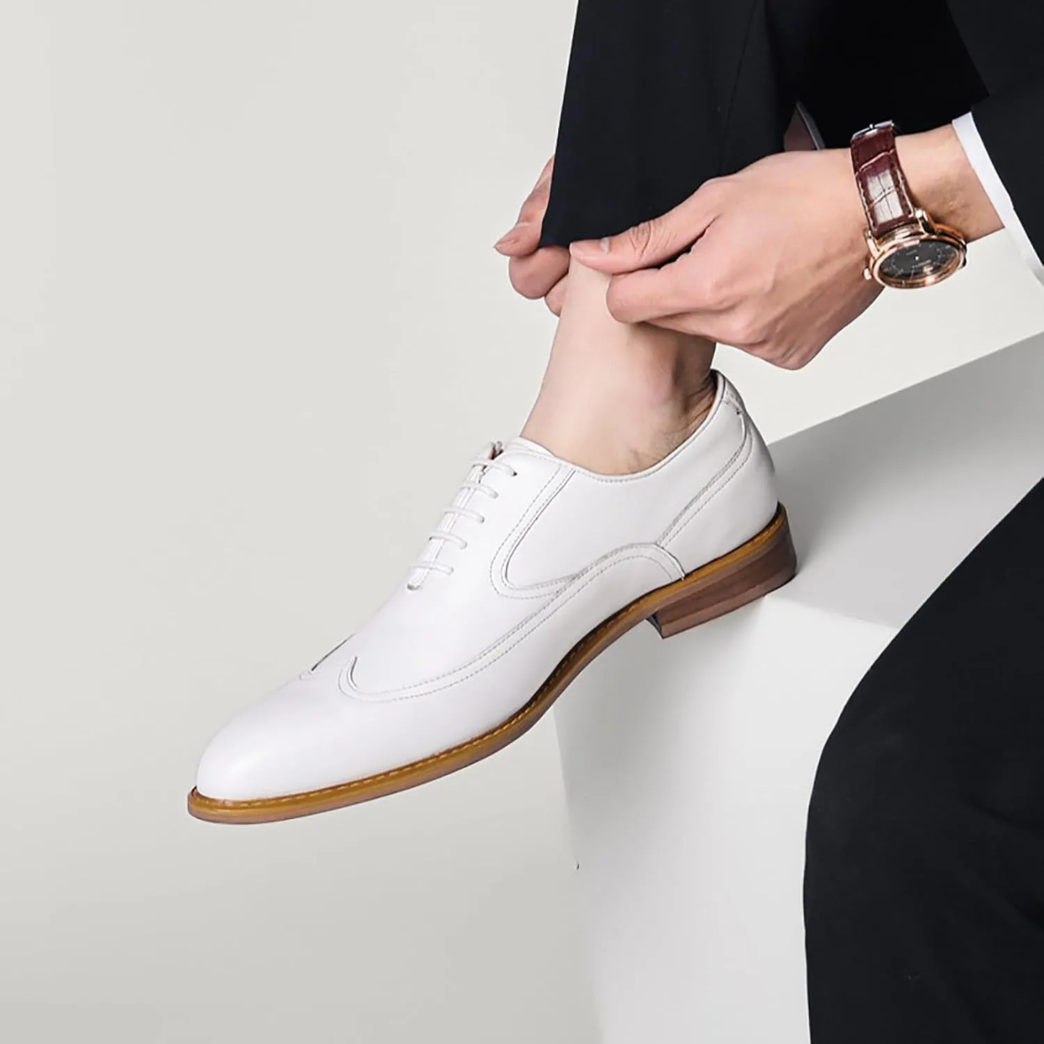 Men's Business Casual Leather Shoes for Office and Weddings, Breathable Non-Slip Dress Shoes with Premium Cowhide & Rubber Sole