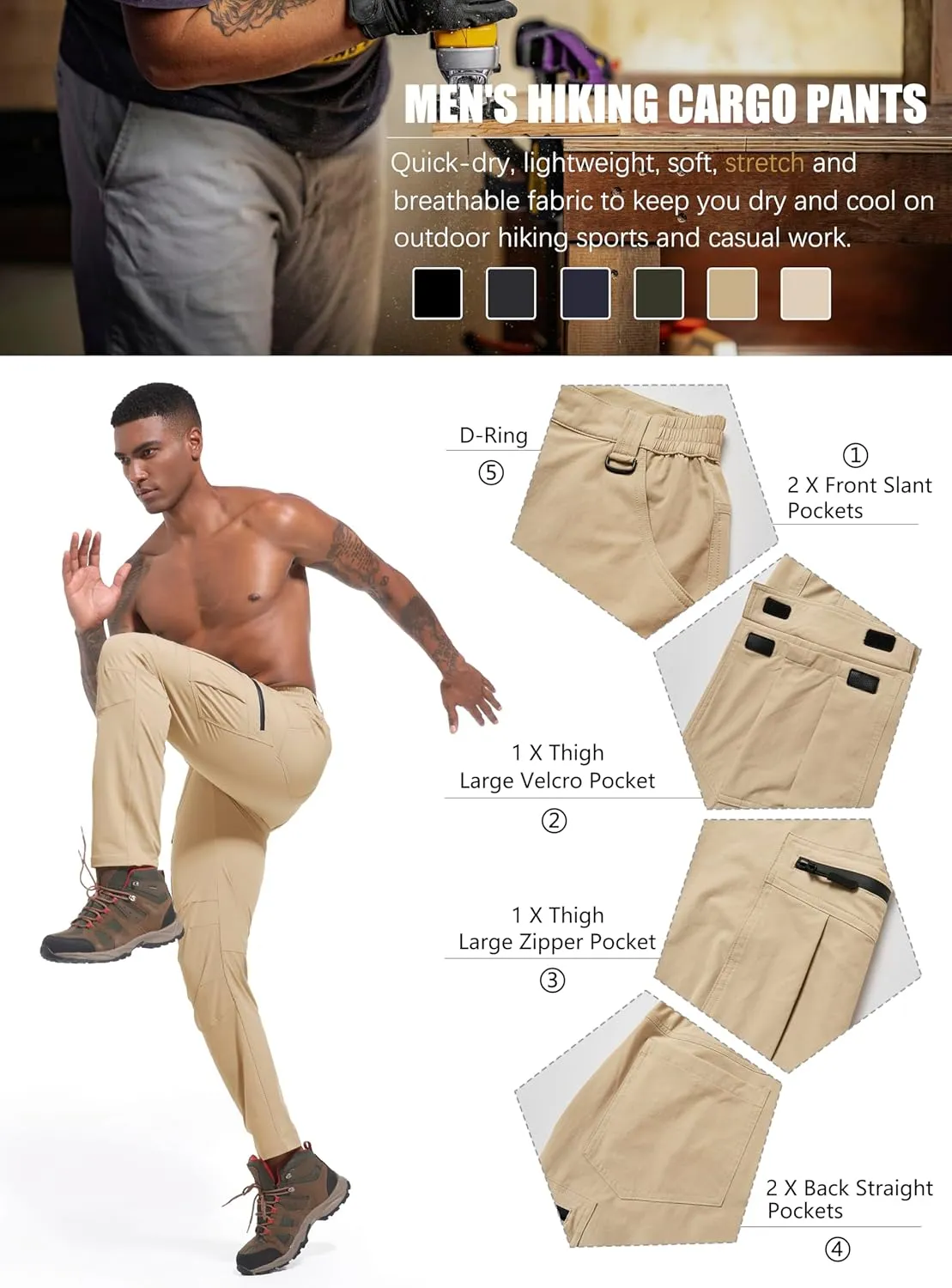 Men's Hiking Cargo Pants Waterproof Lightweight Quick Dry 6 Pockets Stretch Work Fishing Travel Outdoor Pants