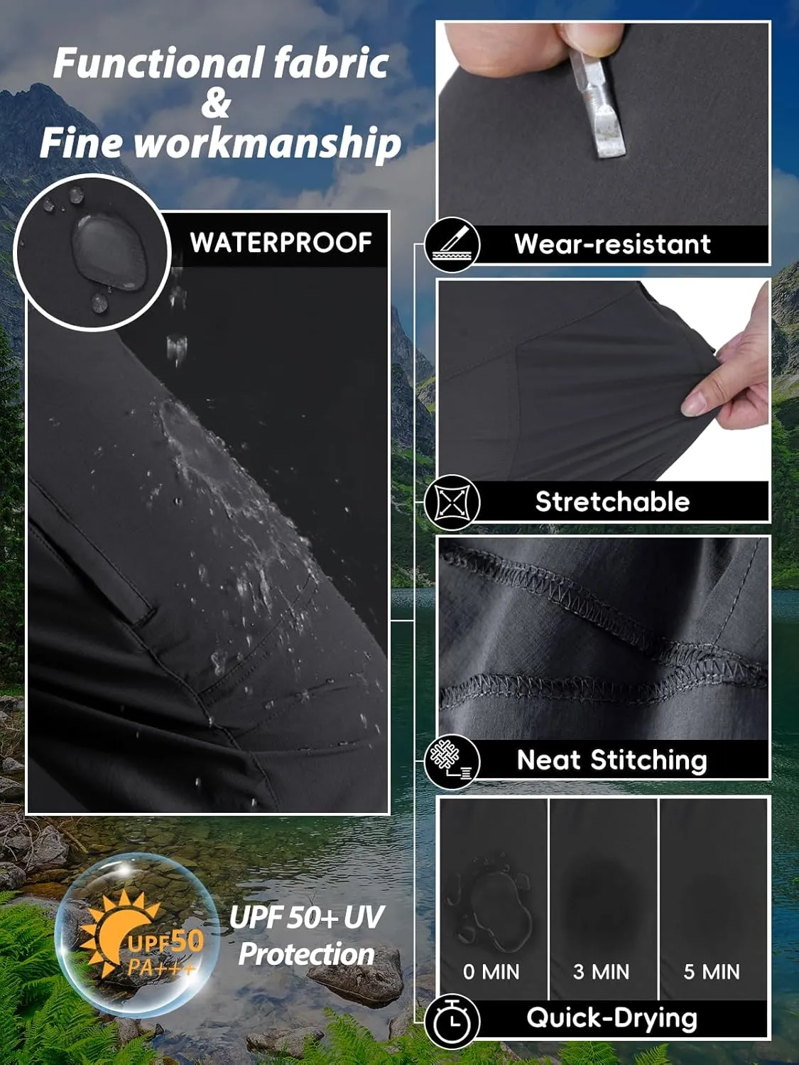 Mens Hiking Pants Lightweight Cargo Work Tactical Nylon Stretch Waterproof Quick Dry Fishing Travel Outdoor 6 Pockets