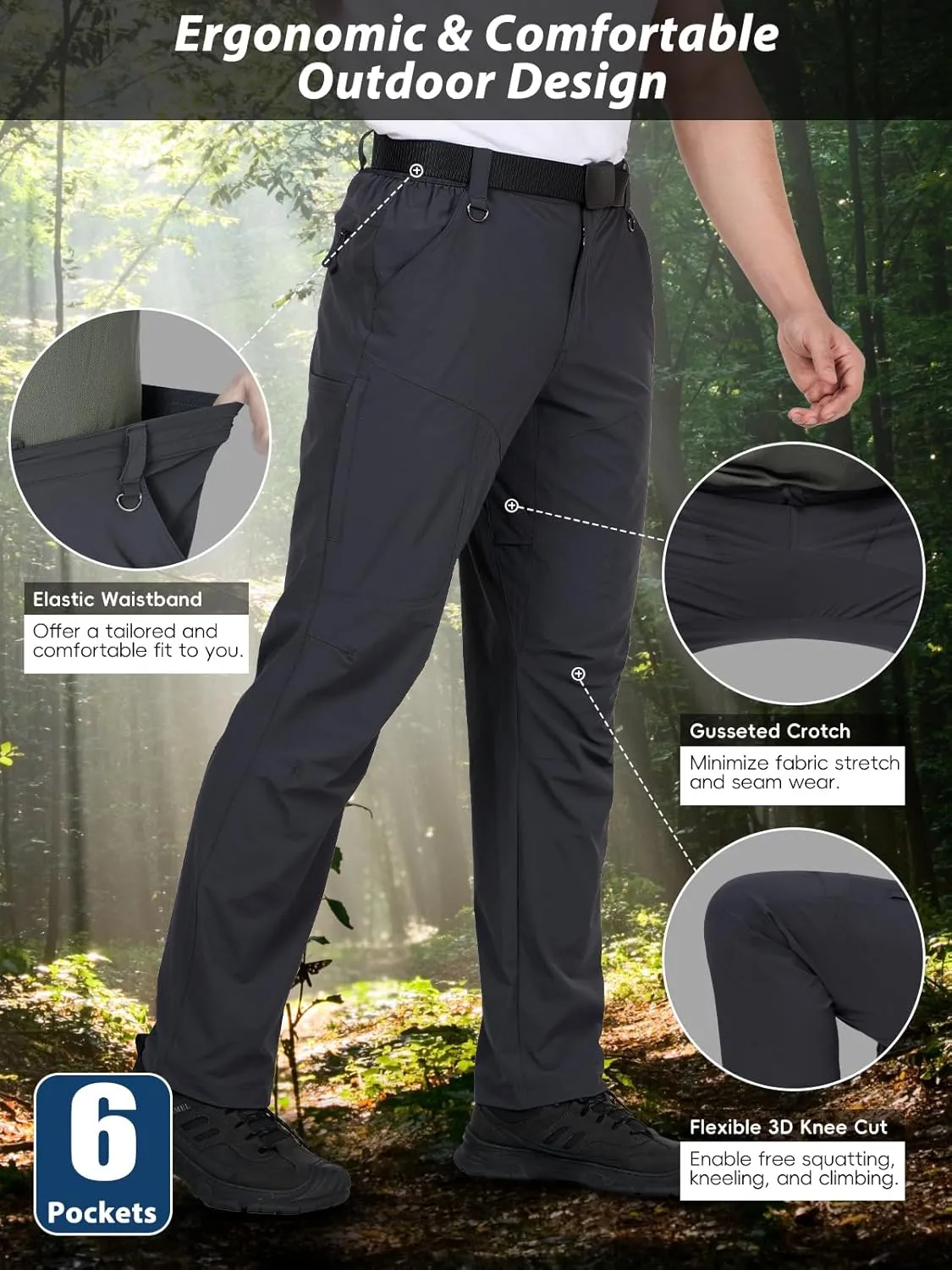 Mens Hiking Pants Lightweight Cargo Work Tactical Nylon Stretch Waterproof Quick Dry Fishing Travel Outdoor 6 Pockets