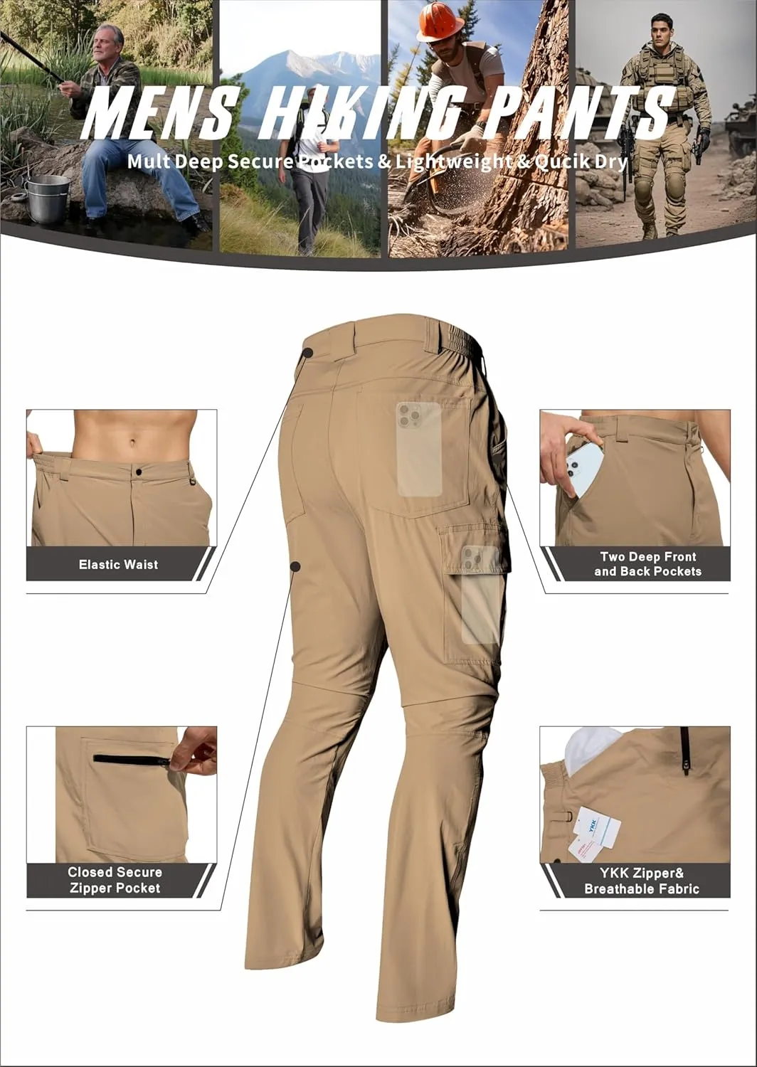 Men's Lightweight Hiking Cargo Pants Waterproof Quick Dry Travel Climbing Camping Fishing Mens Work Pants Outdoor