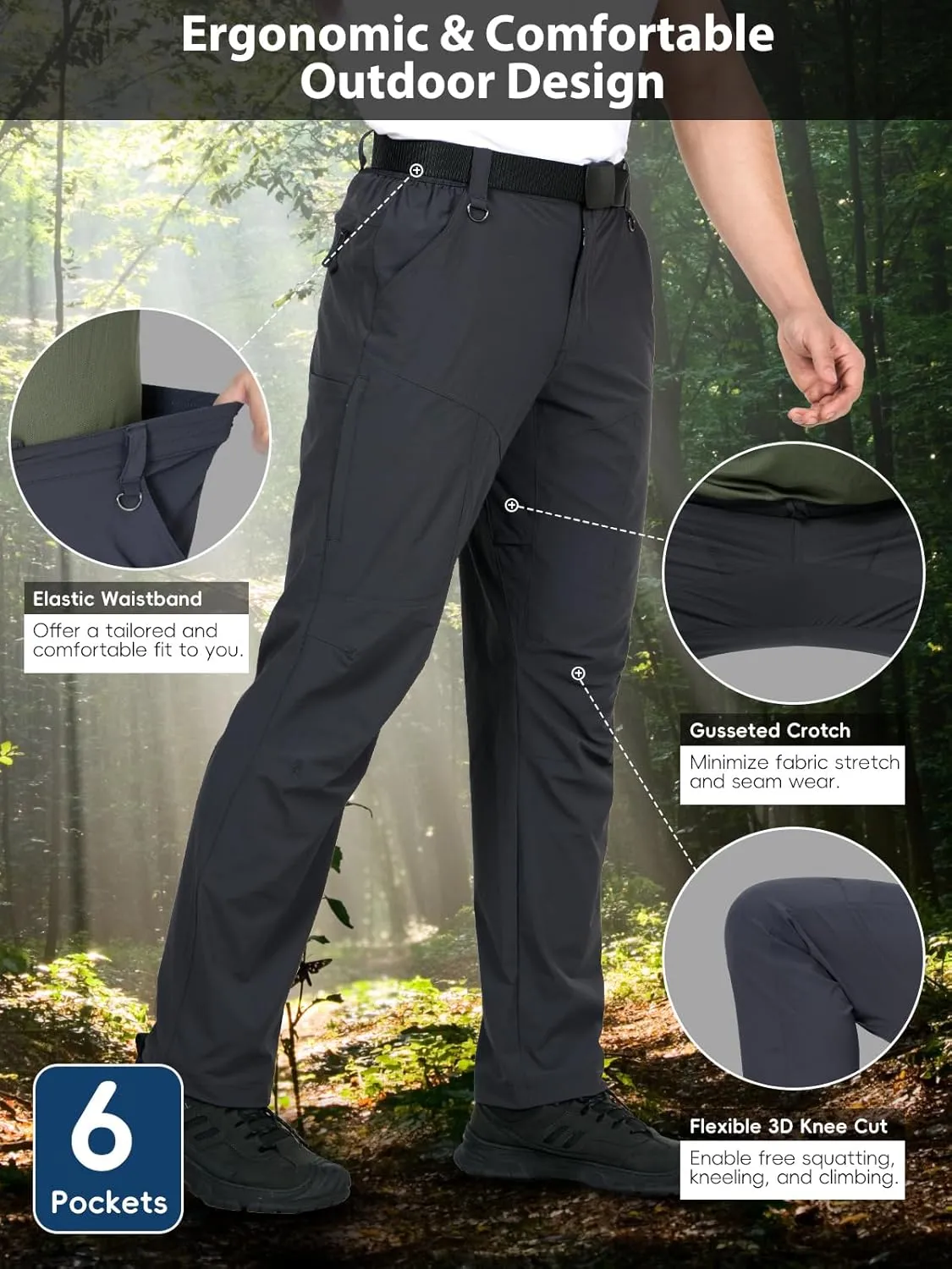 Mens Lightweight Hiking Pants Flex Cargo Work Tactical Nylon Stretch Waterproof Quick Dry Fishing Outdoor Travel 6 Pockets