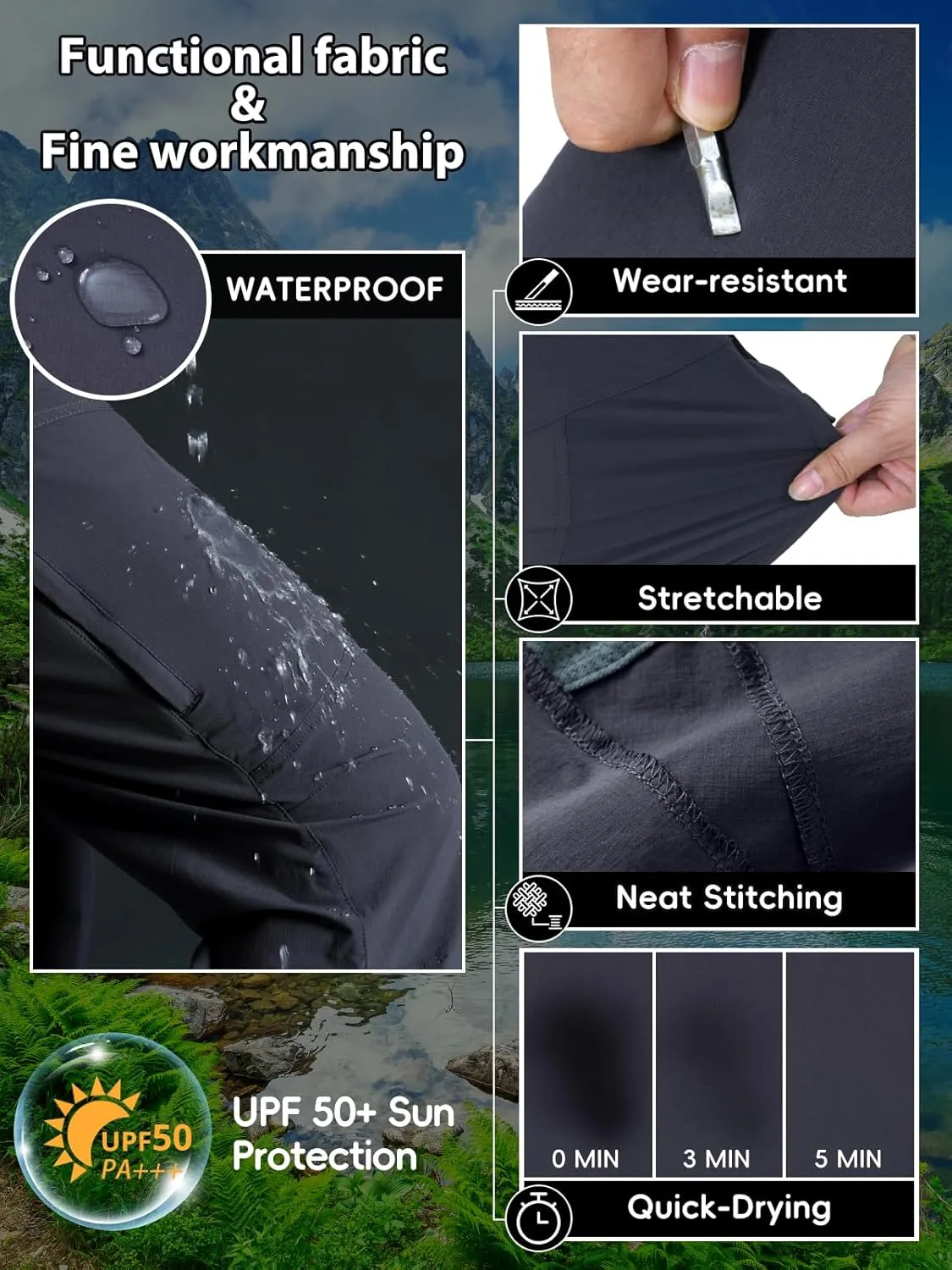 Mens Lightweight Hiking Pants Flex Cargo Work Tactical Nylon Stretch Waterproof Quick Dry Fishing Outdoor Travel 6 Pockets