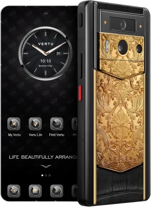 METAVERTU 2 Luxury Custom Made - 18K Gold Carved Floral Decoration with Alligator Skin Web3 AI Phone - Black (1, TB)