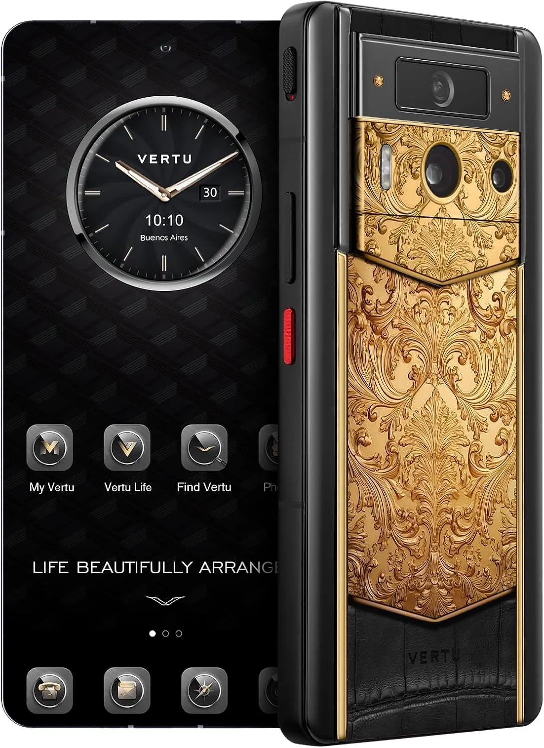 METAVERTU 2 Luxury Custom Made - 18K Gold Carved Floral Decoration with Alligator Skin Web3 AI Phone - Black (1, TB)