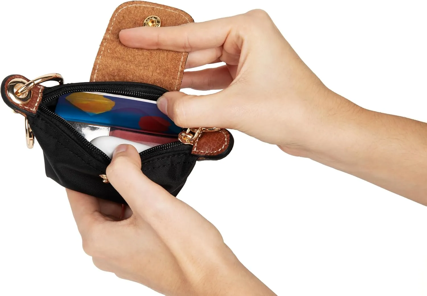 Mini Zipper Pouch Keychain | Coin Purse | Pouch for Essentials | Functional | Keychain | Bag Charm | Card Holder | Cash Pouch | Genuine Leather and Nylon (Black)