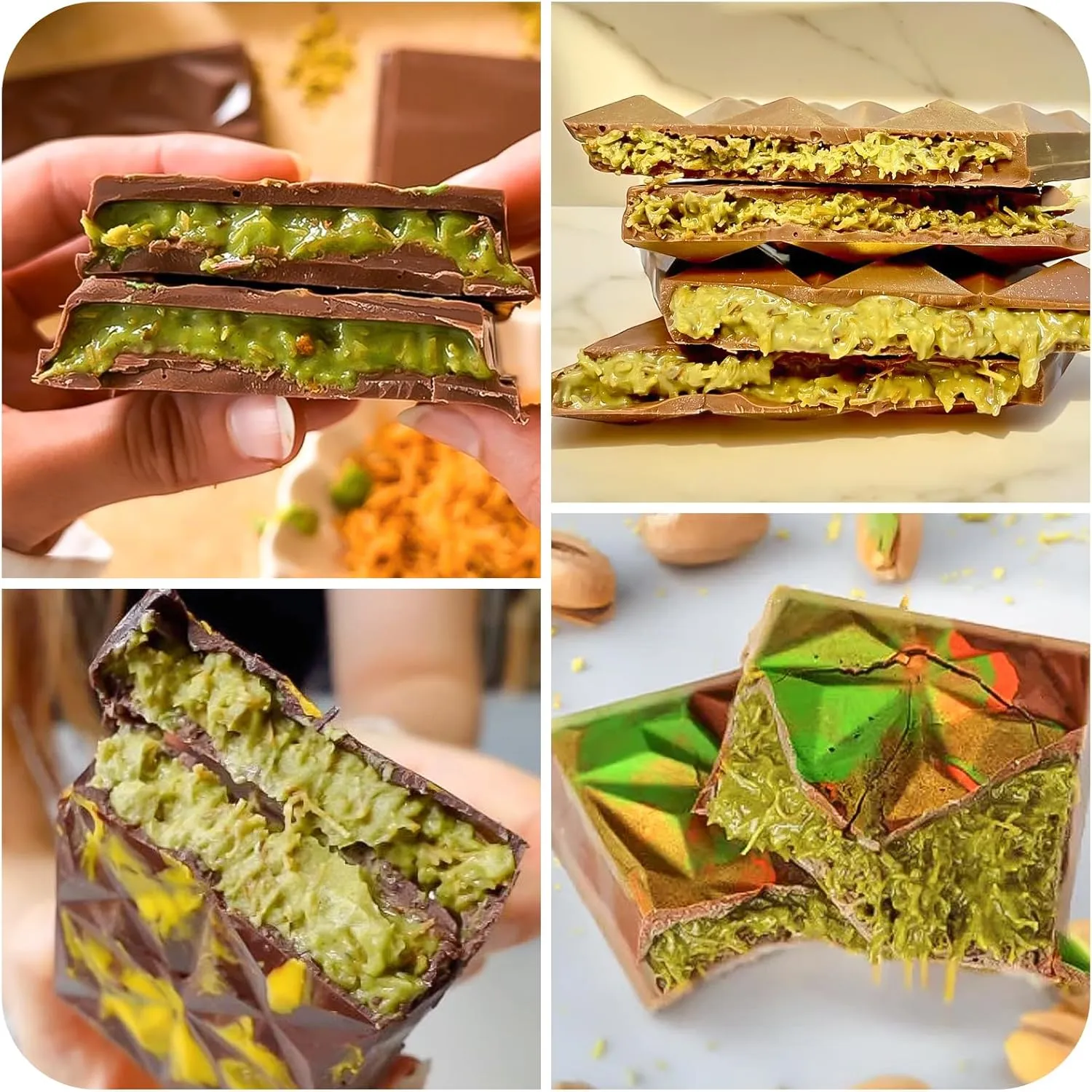 Mity rain Chocolate Bar Mold - Deep Chocolate Bar Pistachio, Knafeh Pistachio Chocolate Bar Thick Silicone Tray, Diamond Candy Mould with 100PCS Clear Cellophane Bags & Chocolate Scraper