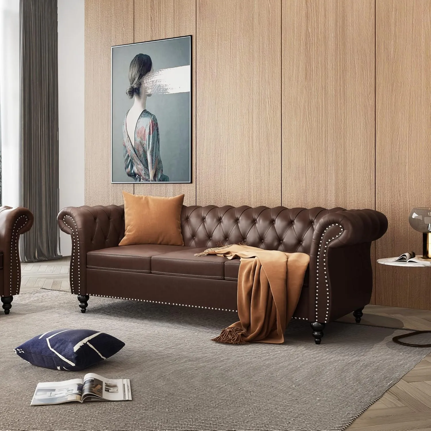 Modern 3 Seater Couch, Large Sofa Furniture, Roll Arm Classic Tufted Chesterfield Settee Leather Sofa with Channel Tufted Seat Back for Living Room, Dark Brown PU