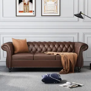 Modern 3 Seater Couch, Large Sofa Furniture, Roll Arm Classic Tufted Chesterfield Settee Leather Sofa with Channel Tufted Seat Back for Living Room, Dark Brown PU
