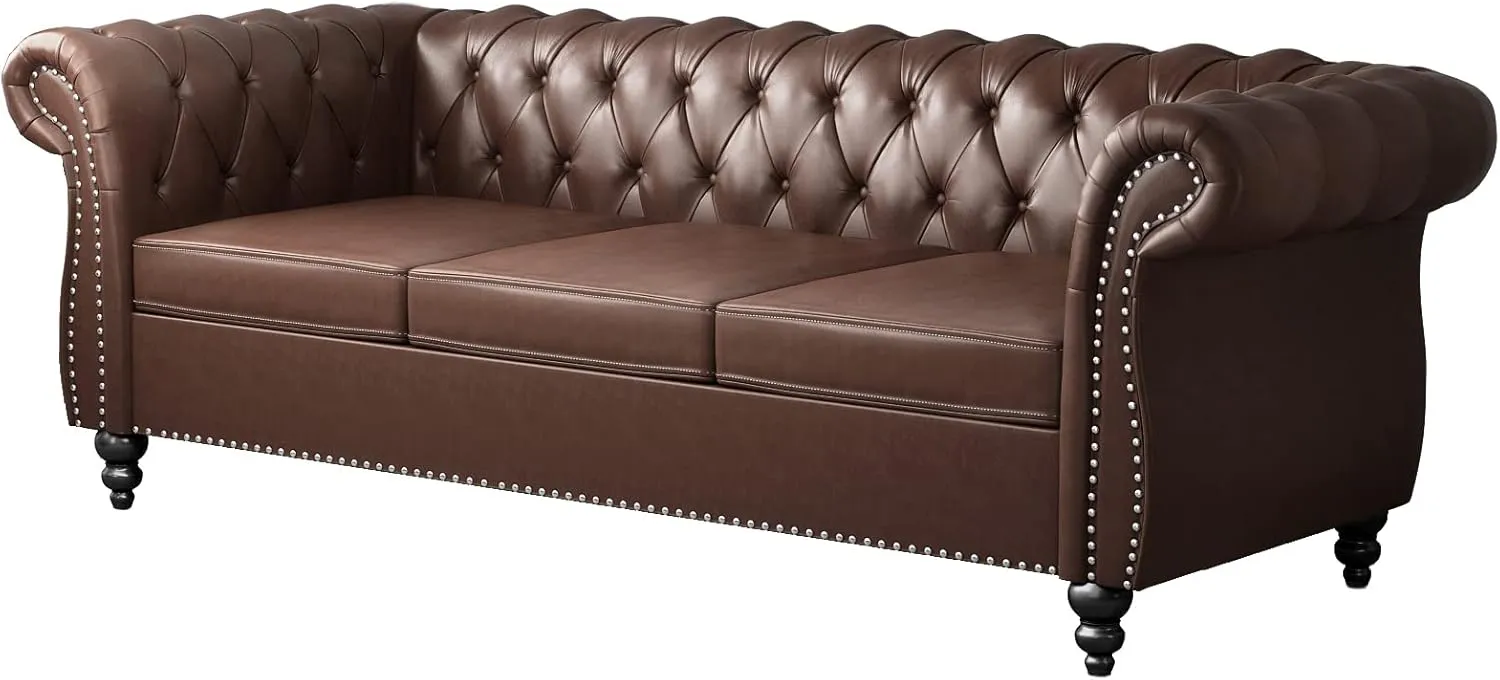 Modern 3 Seater Couch, Large Sofa Furniture, Roll Arm Classic Tufted Chesterfield Settee Leather Sofa with Channel Tufted Seat Back for Living Room, Dark Brown PU