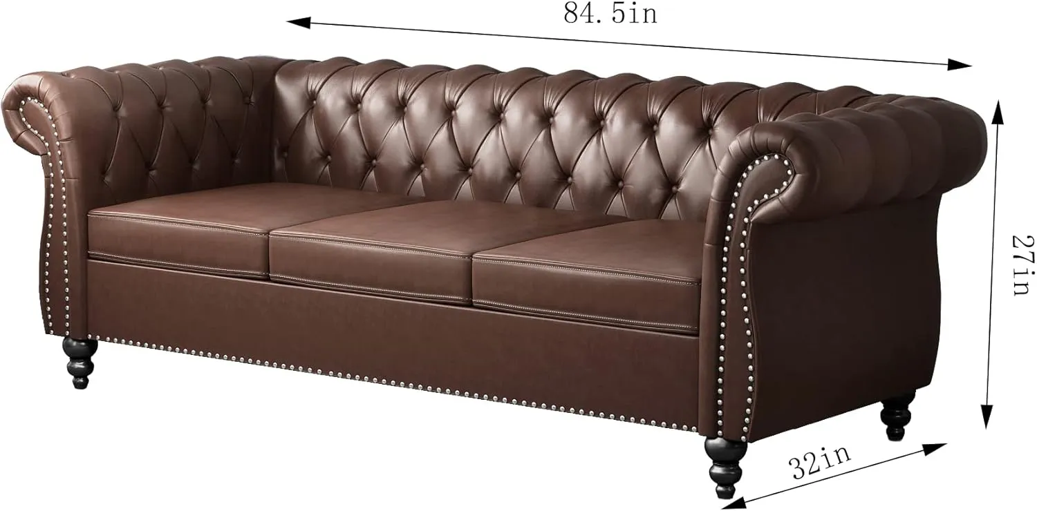 Modern 3 Seater Couch, Large Sofa Furniture, Roll Arm Classic Tufted Chesterfield Settee Leather Sofa with Channel Tufted Seat Back for Living Room, Dark Brown PU