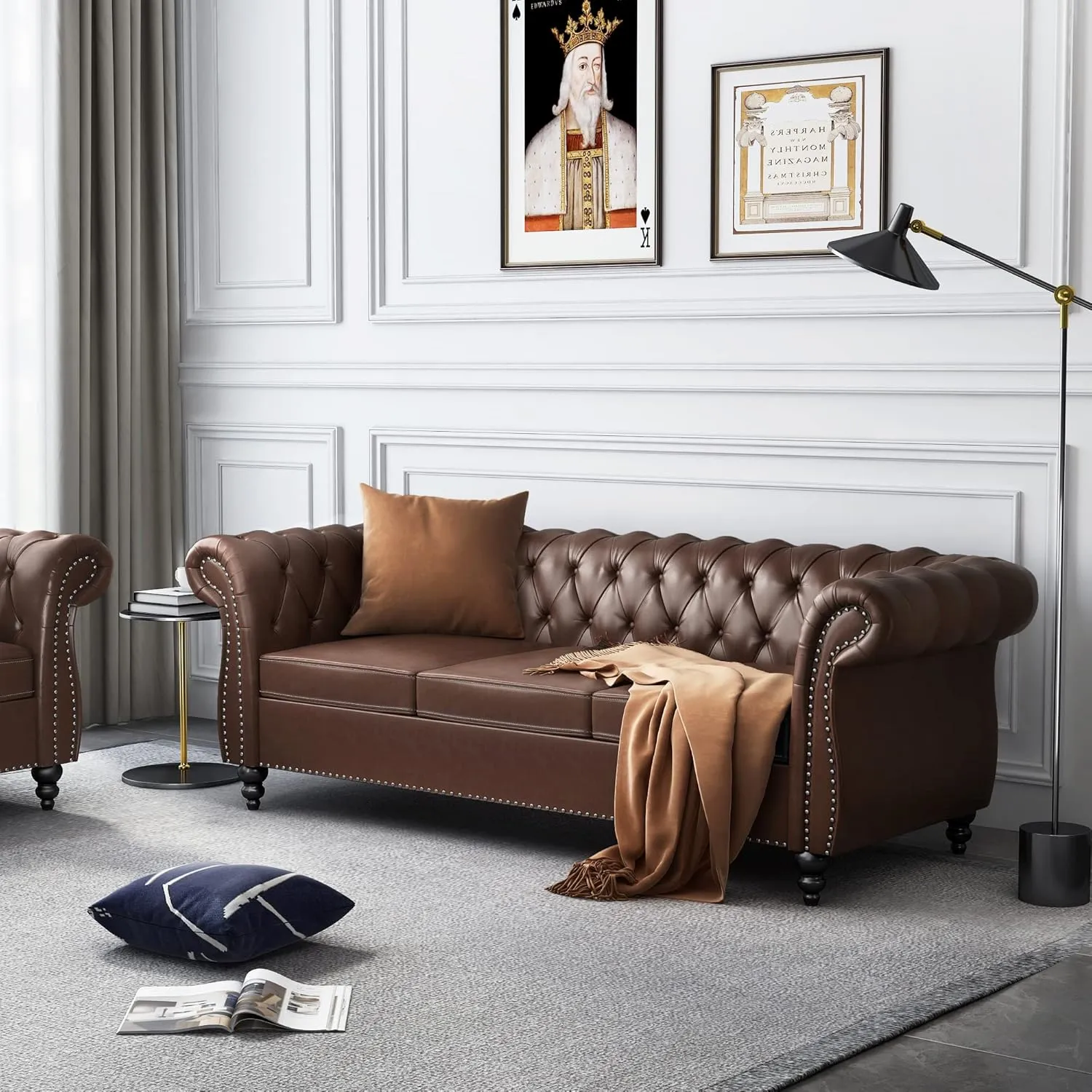 Modern 3 Seater Couch, Large Sofa Furniture, Roll Arm Classic Tufted Chesterfield Settee Leather Sofa with Channel Tufted Seat Back for Living Room, Dark Brown PU