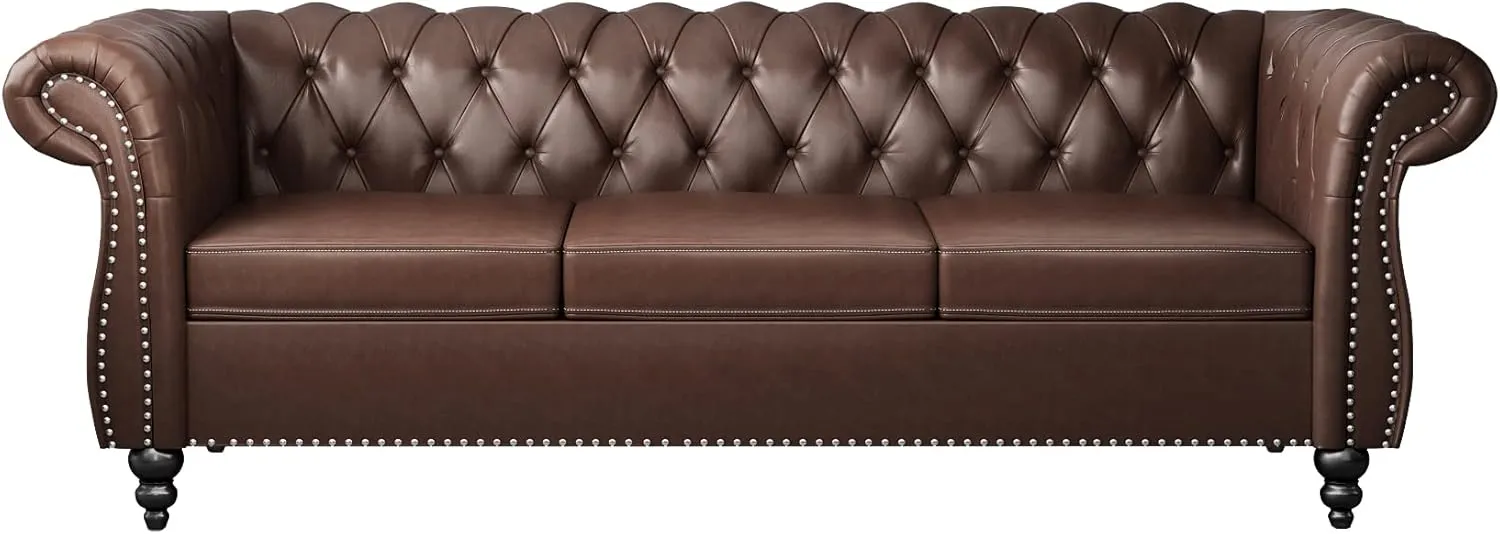 Modern 3 Seater Couch, Large Sofa Furniture, Roll Arm Classic Tufted Chesterfield Settee Leather Sofa with Channel Tufted Seat Back for Living Room, Dark Brown PU