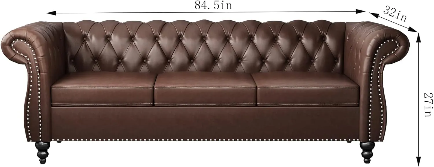 Modern 3 Seater Couch, Large Sofa Furniture, Roll Arm Classic Tufted Chesterfield Settee Leather Sofa with Channel Tufted Seat Back for Living Room, Dark Brown PU