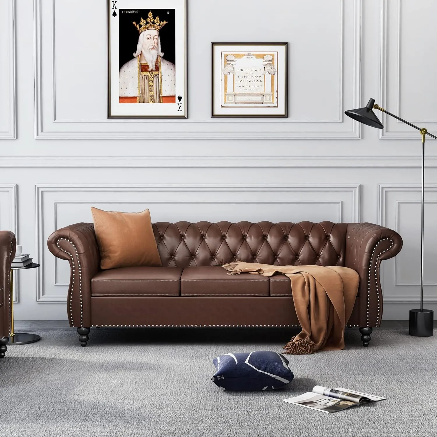 Modern 3 Seater Couch, Large Sofa Furniture, Roll Arm Classic Tufted Chesterfield Settee Leather Sofa with Channel Tufted Seat Back for Living Room, Dark Brown PU