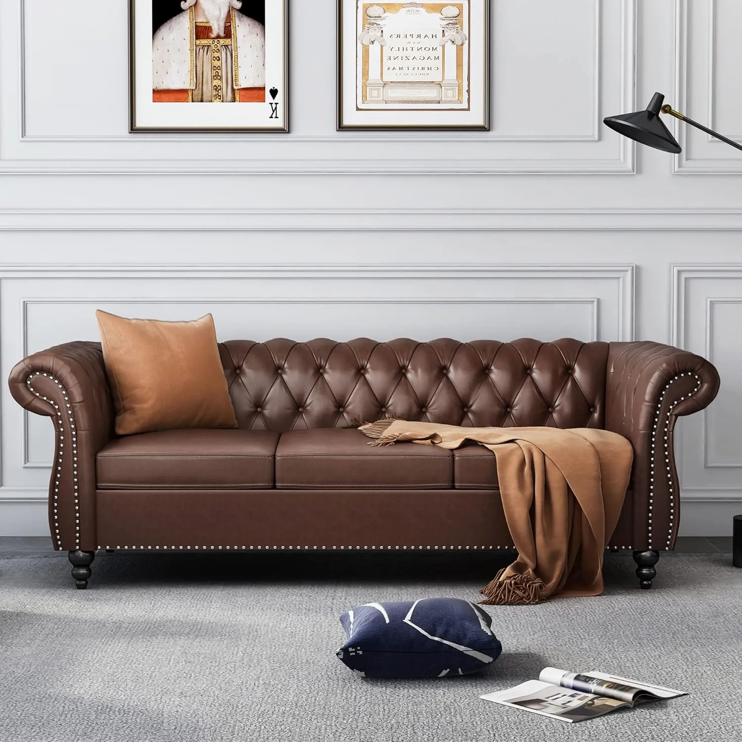 Modern 3 Seater Couch, Large Sofa Furniture, Roll Arm Classic Tufted Chesterfield Settee Leather Sofa with Channel Tufted Seat Back for Living Room, Dark Brown PU