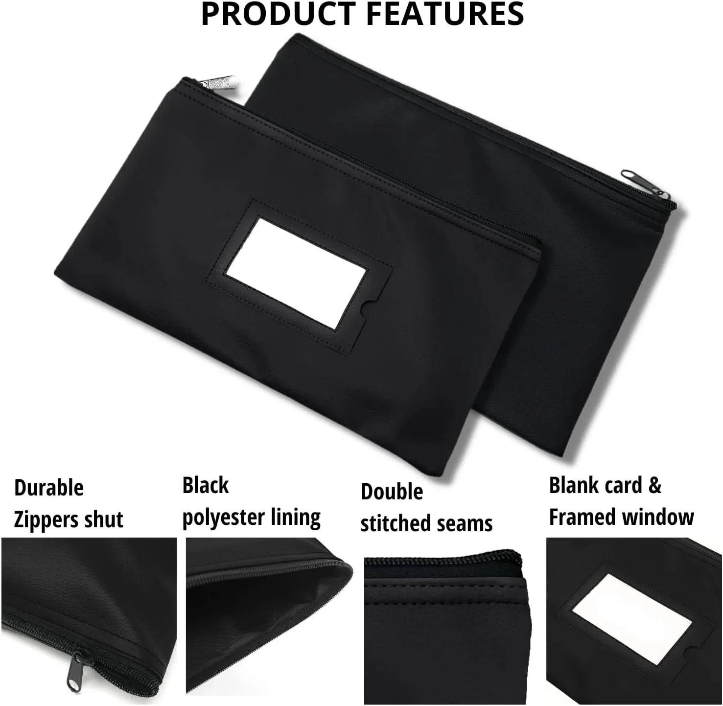 Money Bank Deposit Bag with zipper | 11x6 inch | Black | Durable Leatherette Money Cash Coin Check Wallet Pouch for Men & Women with Framed ID Window and Blank Card | by GIDABRAND (5)