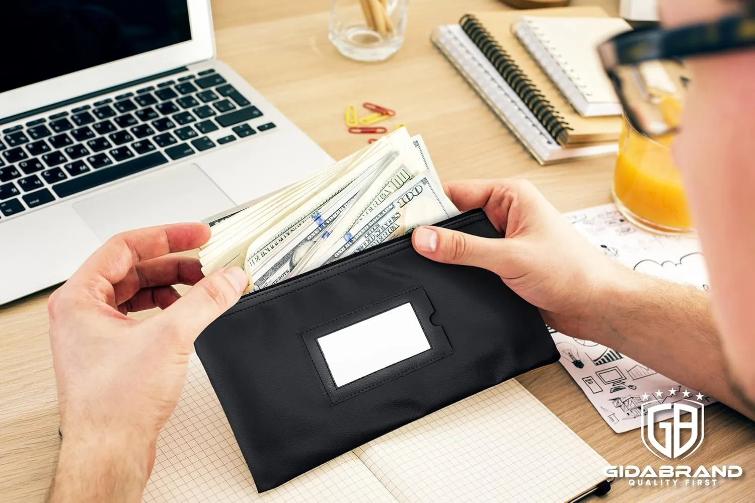 Money Bank Deposit Bag with zipper | 11x6 inch | Black | Durable Leatherette Money Cash Coin Check Wallet Pouch for Men & Women with Framed ID Window and Blank Card | by GIDABRAND (5)