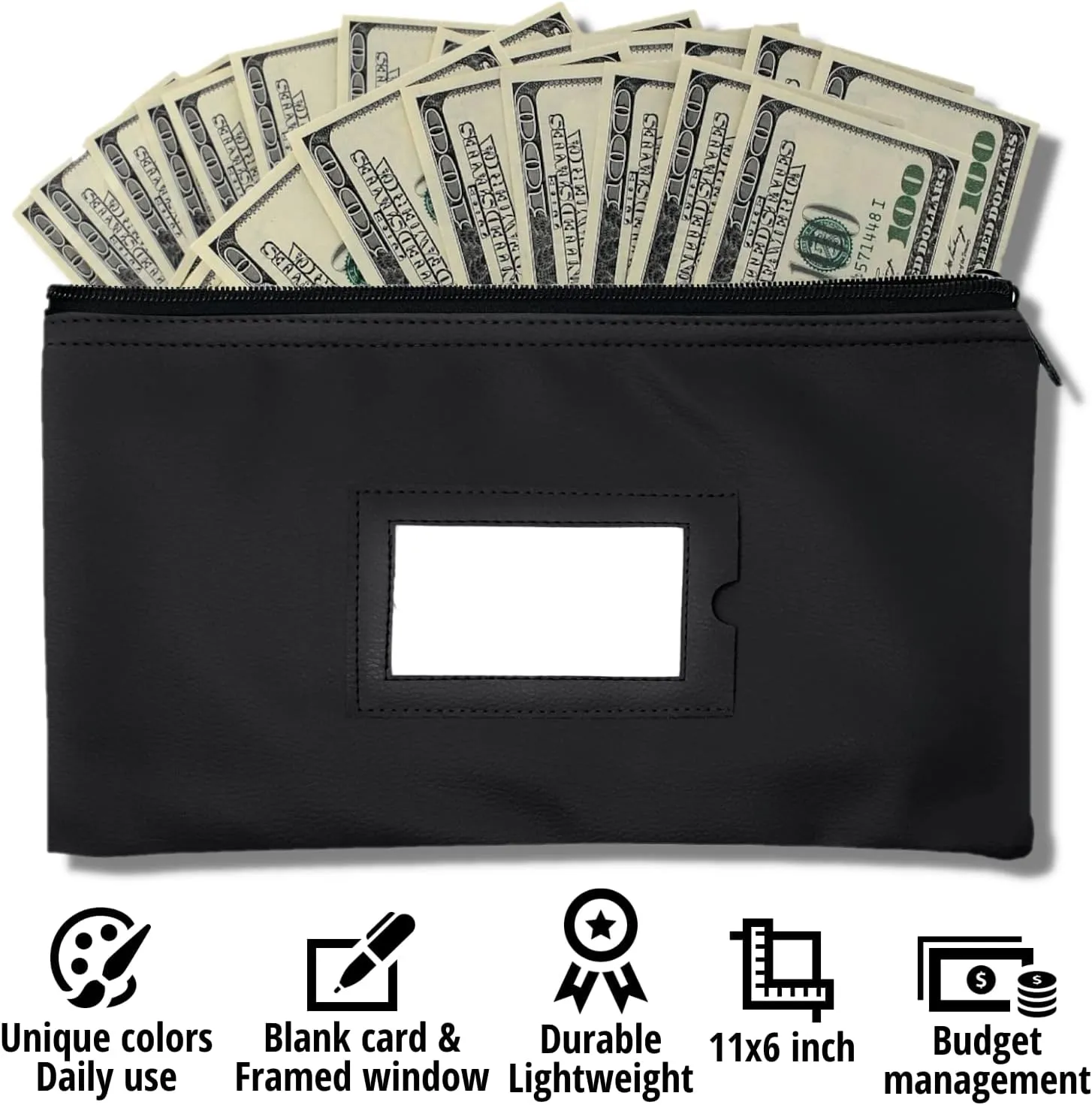 Money Bank Deposit Bag with zipper | 11x6 inch | Black | Durable Leatherette Money Cash Coin Check Wallet Pouch for Men & Women with Framed ID Window and Blank Card | by GIDABRAND (5)