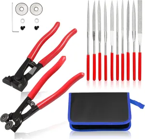 Mosaic Tools Set, Heavy Duty Glass Mosaic Cutter Kit, 2 Glass Tile Nippers with 10 Diamond Needle File, 2 Replacement Wheel, 2 Screw, 2 Washer, 1 Hex Wrench, 1 Leather Zipper Bag