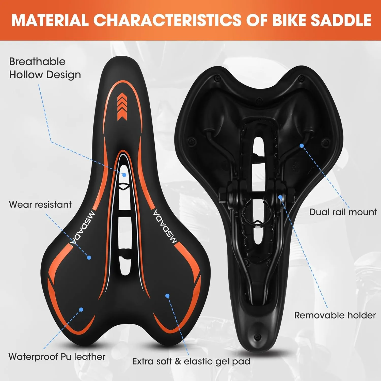 MSDADA Gel Bike Seat - Comfortable Bicycle Saddle with Extra Soft Cushion Padded for Men & Women - Waterproof Mountain, Road & City Bike Saddle