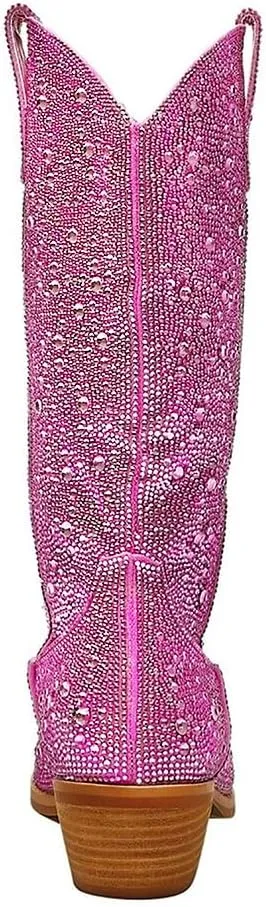 MUCCCUTE Women's Rhinestone Cowboy Boots Pointed Toe Block 5cm Heel Knee High Boots Wide Calf Wedding Party Boots for Women