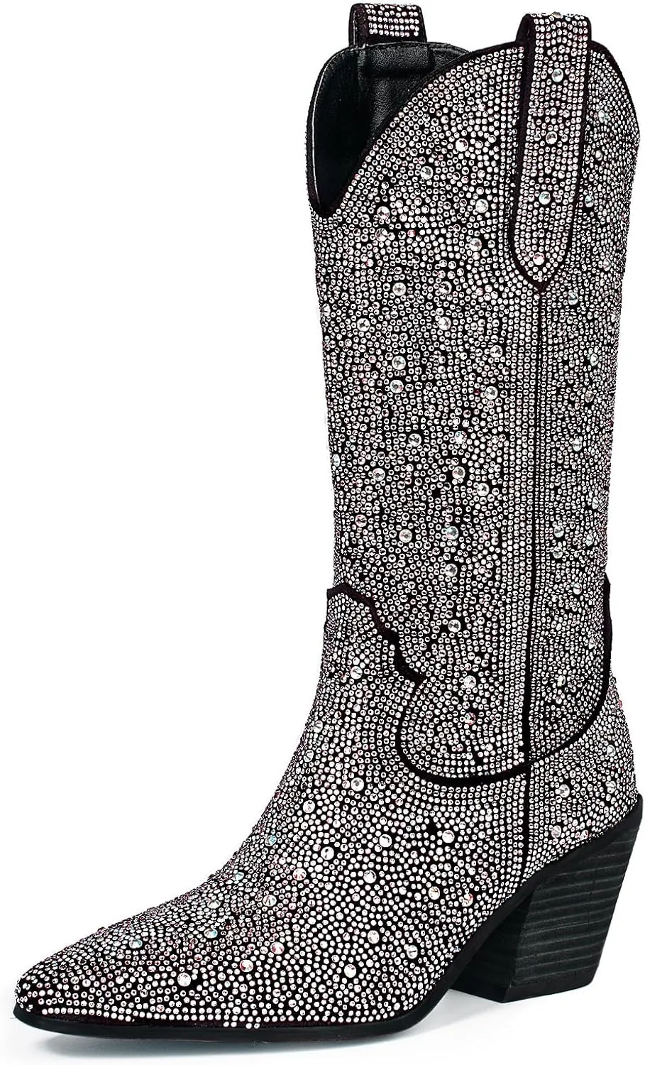 MUCCCUTE Women's Rhinestone Cowboy Boots Pointed Toe Block 5cm Heel Knee High Boots Wide Calf Wedding Party Boots for Women