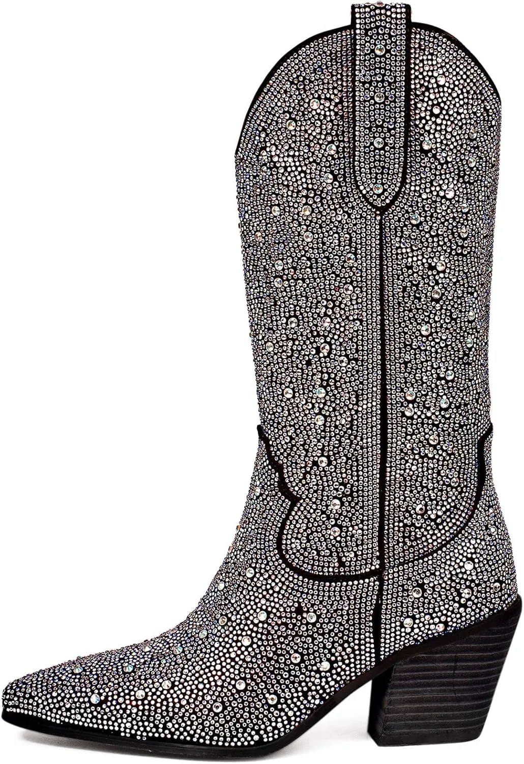 MUCCCUTE Women's Rhinestone Cowboy Boots Pointed Toe Block 5cm Heel Knee High Boots Wide Calf Wedding Party Boots for Women