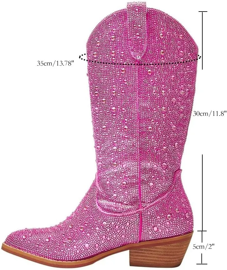 MUCCCUTE Women's Rhinestone Cowboy Boots Pointed Toe Block 5cm Heel Knee High Boots Wide Calf Wedding Party Boots for Women