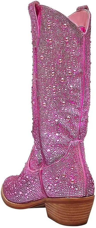 MUCCCUTE Women's Rhinestone Cowboy Boots Pointed Toe Block 5cm Heel Knee High Boots Wide Calf Wedding Party Boots for Women