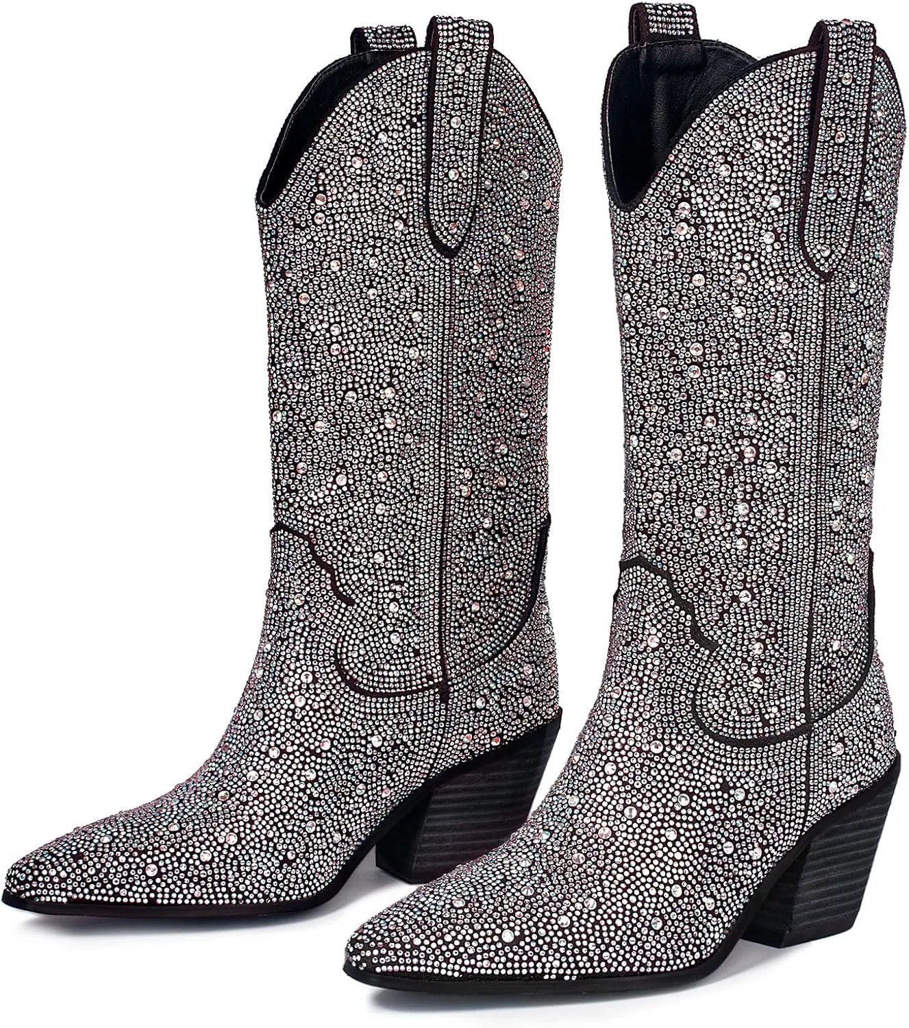 MUCCCUTE Women's Rhinestone Cowboy Boots Pointed Toe Block 5cm Heel Knee High Boots Wide Calf Wedding Party Boots for Women