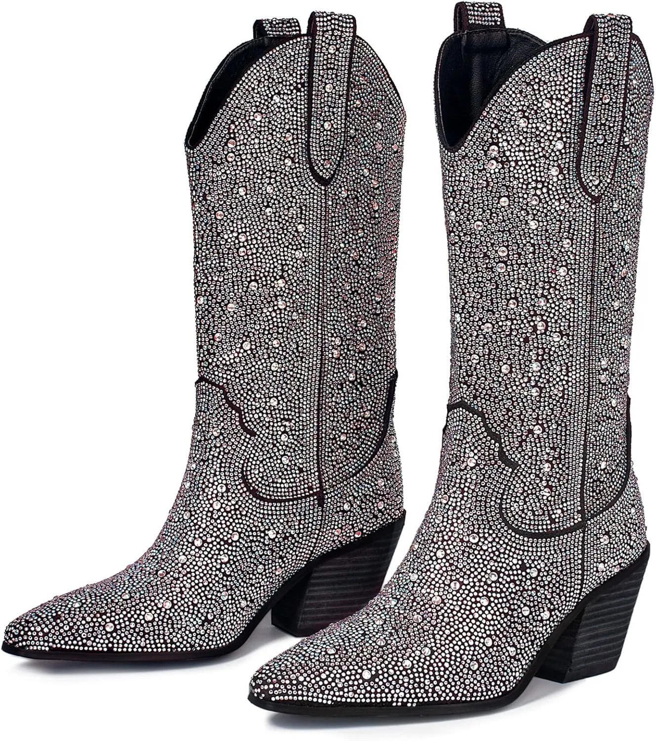MUCCCUTE Women's Rhinestone Cowboy Boots Pointed Toe Block 5cm Heel Knee High Boots Wide Calf Wedding Party Boots for Women