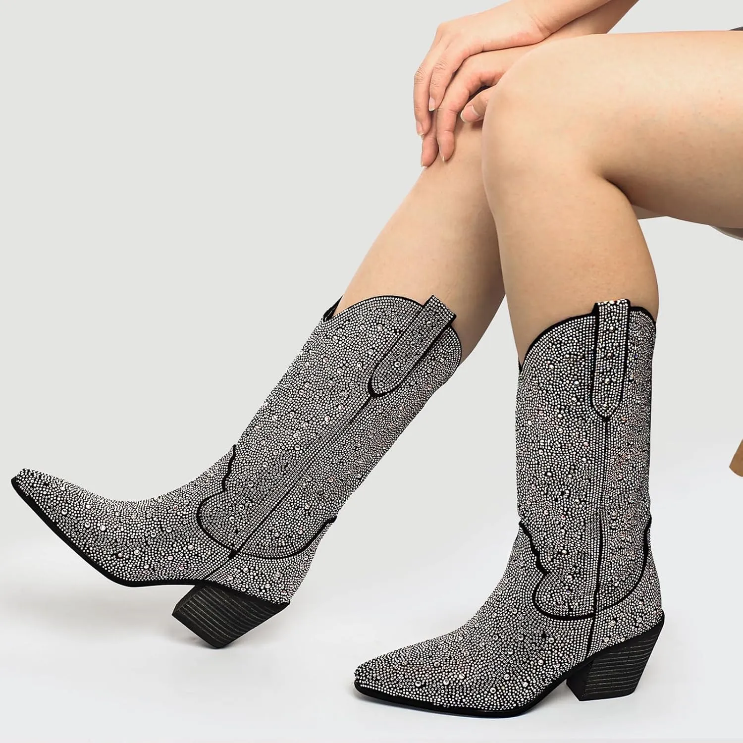 MUCCCUTE Women's Rhinestone Cowboy Boots Pointed Toe Block 5cm Heel Knee High Boots Wide Calf Wedding Party Boots for Women