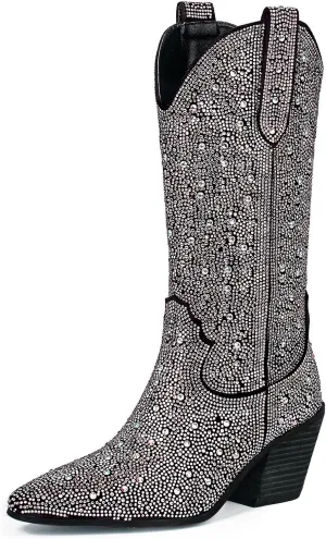 MUCCCUTE Women's Rhinestone Cowboy Boots Pointed Toe Block 5cm Heel Knee High Boots Wide Calf Wedding Party Boots for Women
