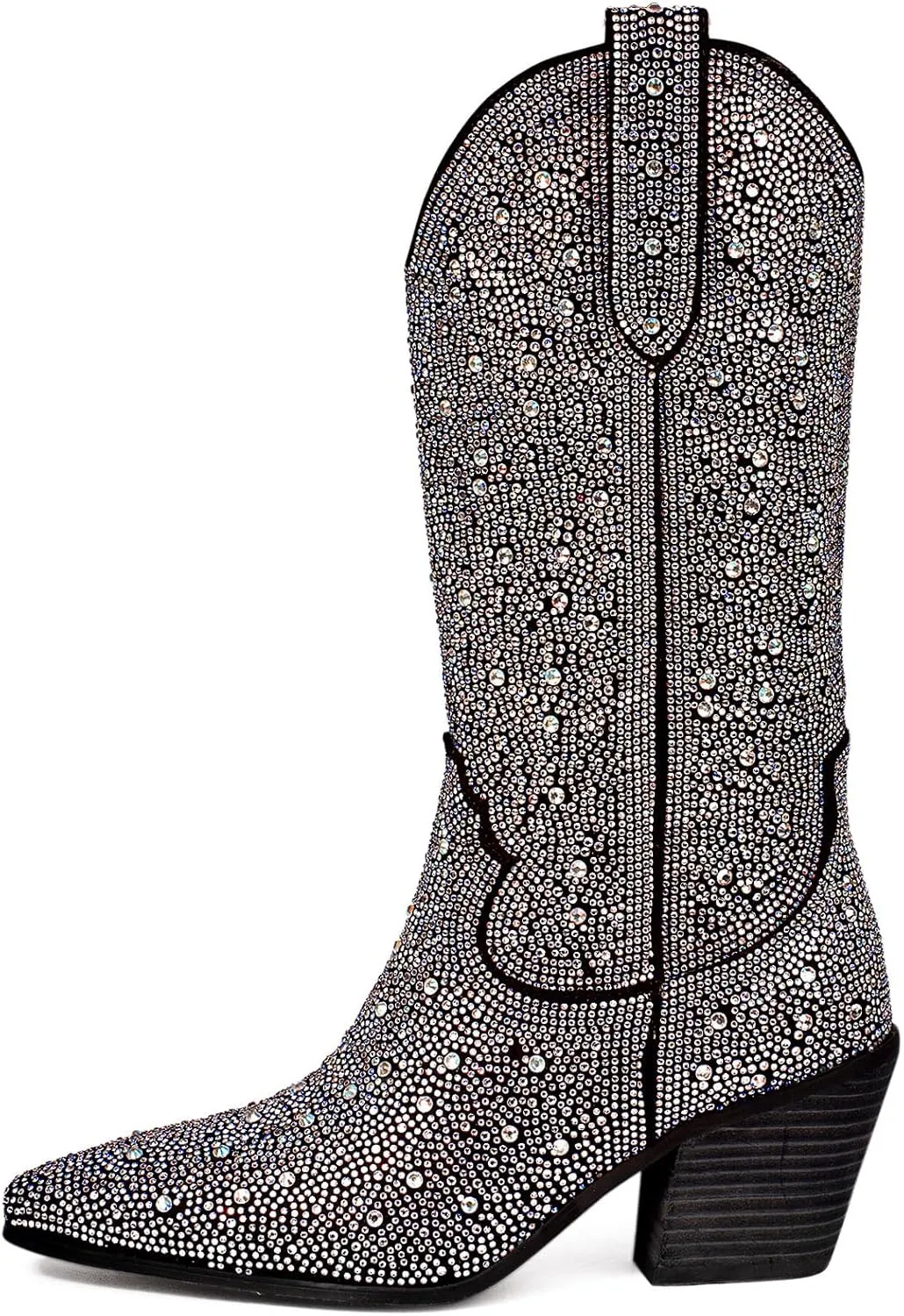 MUCCCUTE Women's Rhinestone Cowboy Boots Pointed Toe Block 5cm Heel Knee High Boots Wide Calf Wedding Party Boots for Women