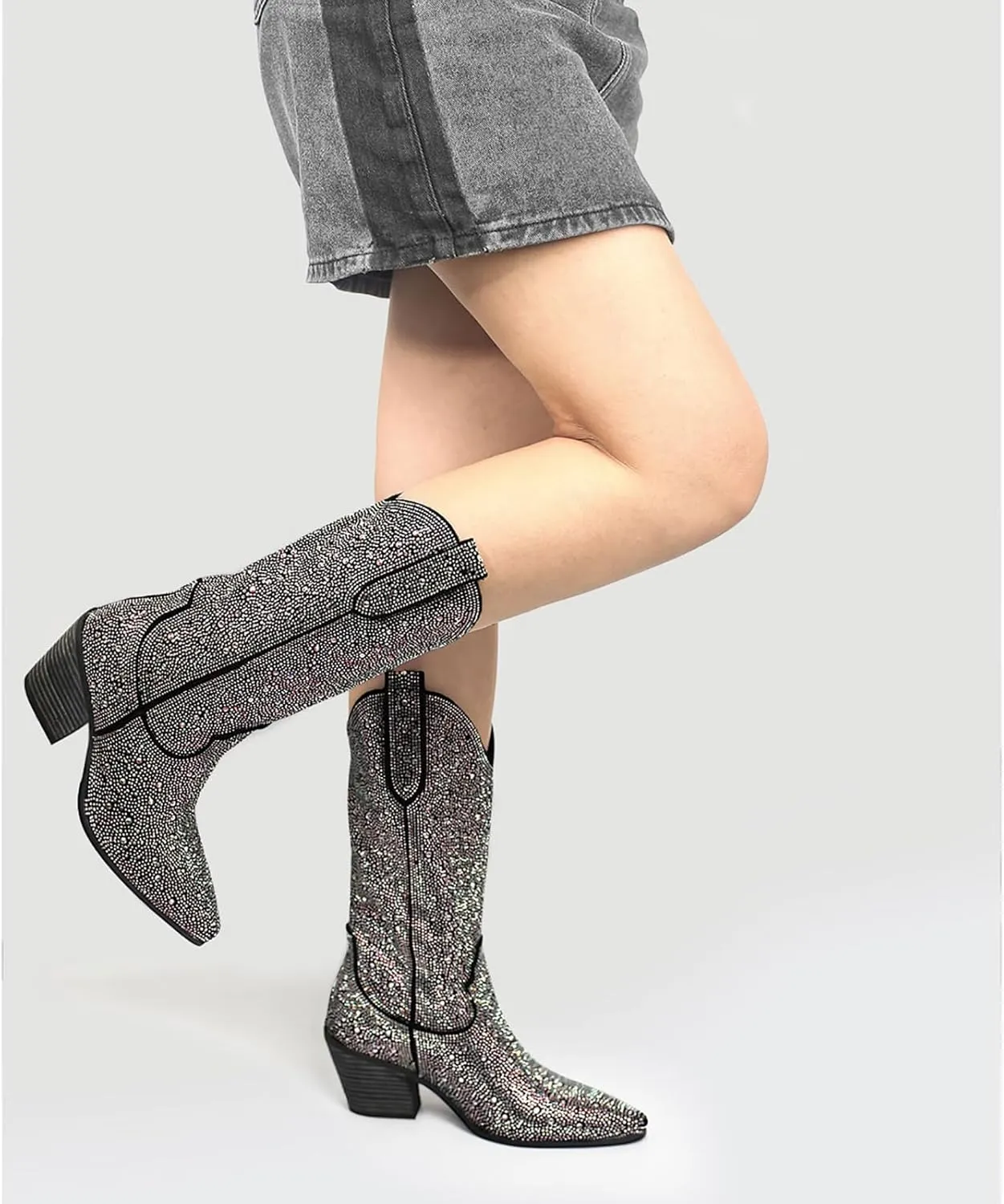 MUCCCUTE Women's Rhinestone Cowboy Boots Pointed Toe Block 5cm Heel Knee High Boots Wide Calf Wedding Party Boots for Women