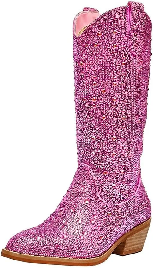 MUCCCUTE Women's Rhinestone Cowboy Boots Pointed Toe Block 5cm Heel Knee High Boots Wide Calf Wedding Party Boots for Women