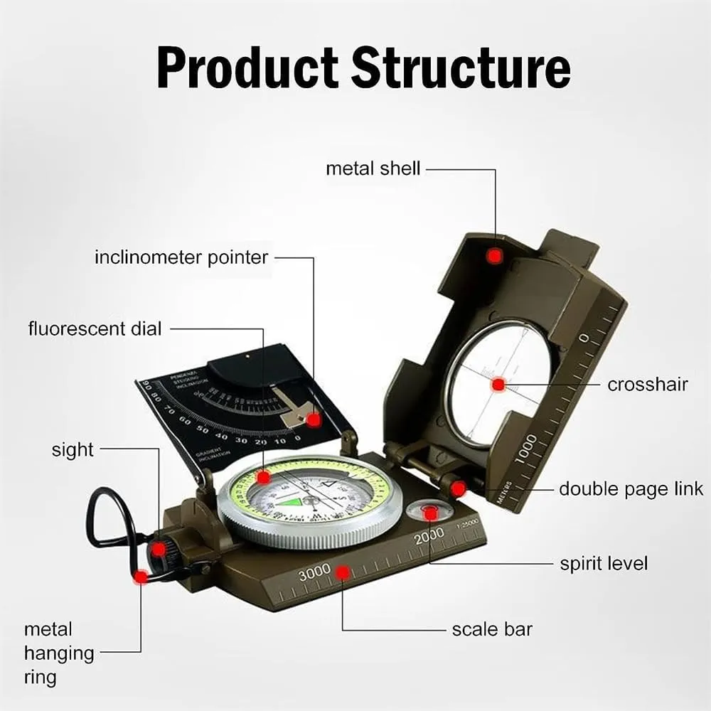 Multifunctional Aiming Navigation Luminous Compass Sighting Navigation Compass with Inclinometer Camping Survival Compass Glow in The Dark for Hiking Camping