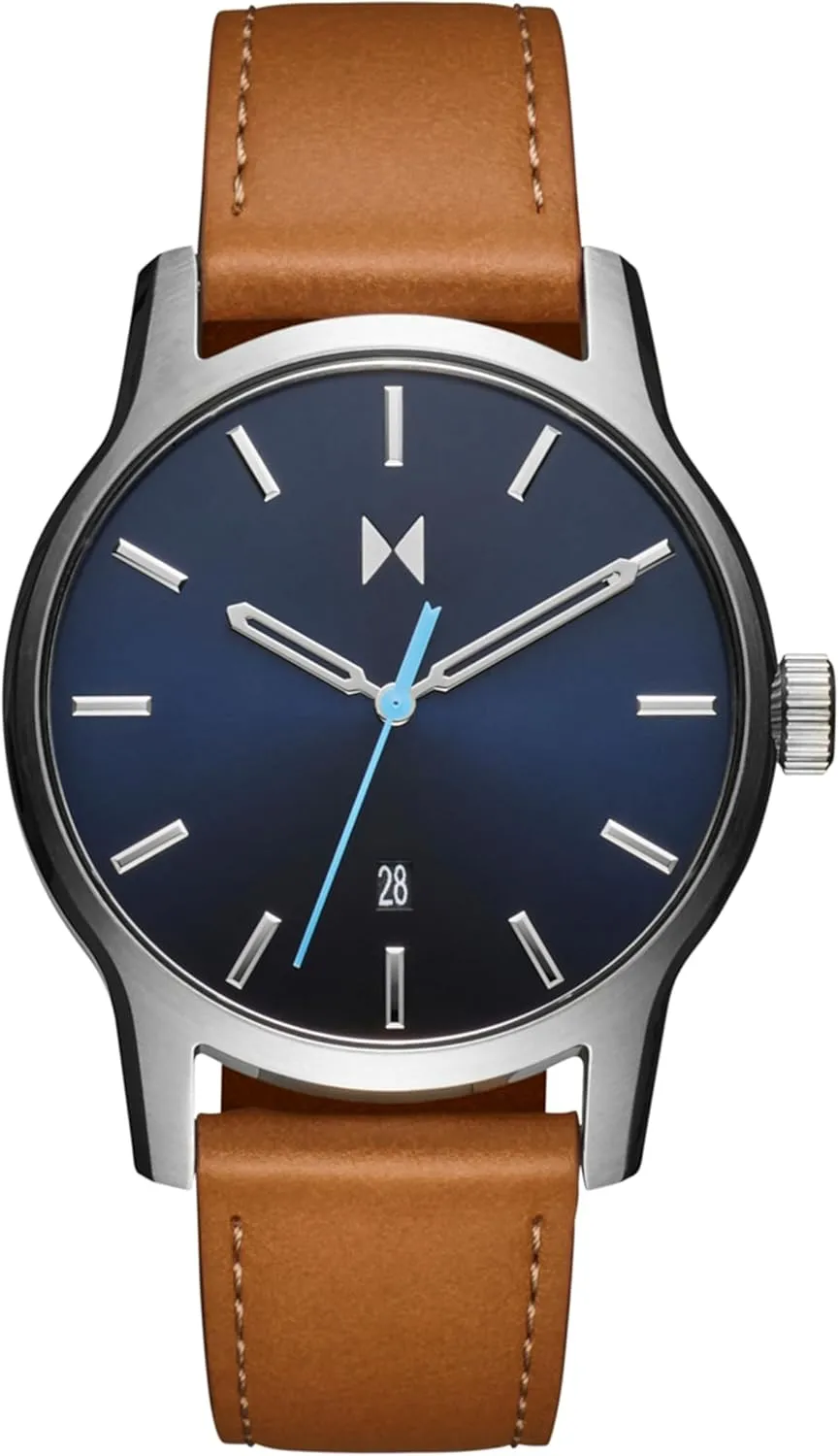 MVMT Classic II Men's 3 Hand Quartz Watch, Leather Strap, Stainless Steel, Water Resistant up to 5ATM/50 Meters - Everyday Sport Wear for Him - 44mm
