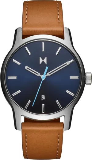 MVMT Classic II Men's 3 Hand Quartz Watch, Leather Strap, Stainless Steel, Water Resistant up to 5ATM/50 Meters - Everyday Sport Wear for Him - 44mm