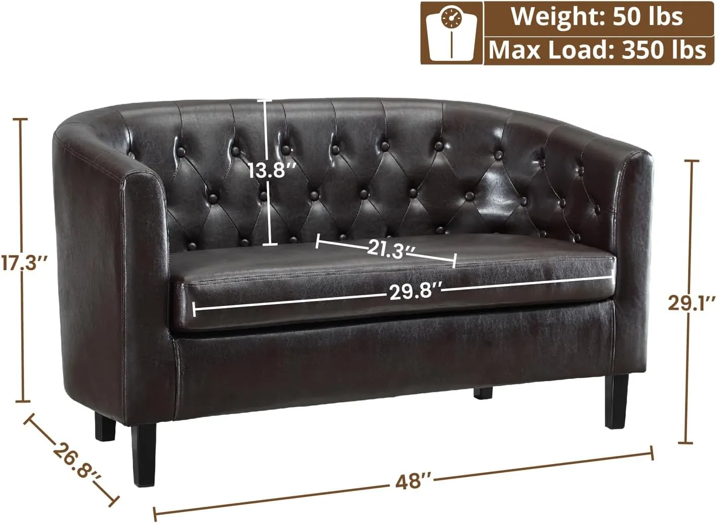 Naomi Home Barrel Love Seat, Button Tufted Faux Leather Loveseat Sofas, Faux Leather couches, Small Loveseats for Small Spaces, Bedrooms, Love Seat Couches for Living Room - Espresso